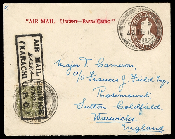 BRITISH COMMONWEALTH INDIA Flight Covers 1927 (11 Feb) Basra to Cairo pre-printed "Air Mail Urgent Basra-Cairo" on 1a stationery entire envelope upfranked with 4a George V, Karachi dispatch...