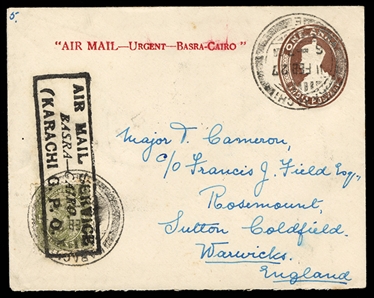 BRITISH COMMONWEALTH INDIA Flight Covers 1927 (11 Feb) Basra to Cairo pre-printed "Air Mail Urgent Basra-Cairo" on 1a stationery entire envelope upfranked with 4a George V, Karachi dispatch...