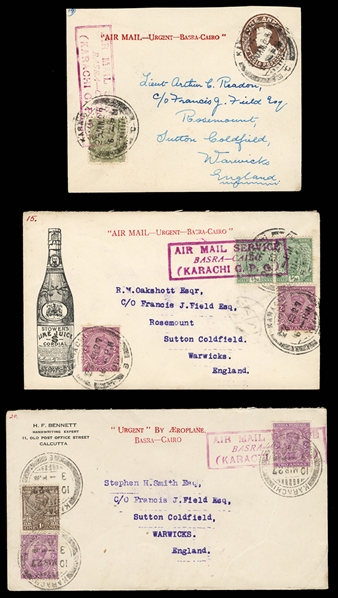 BRITISH COMMONWEALTH INDIA Flight Covers 1927 three covers, including (29 Jan) Basra to Cairo, pre-printed "Air Mail Urgent Basra-Cairo" on 1a stationery entire envelope upfranked with 4a...