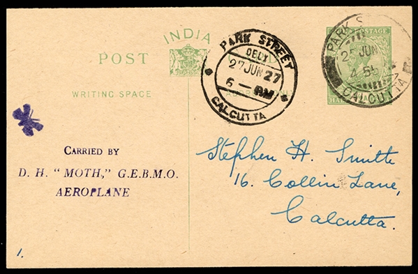 BRITISH COMMONWEALTH INDIA Flight Covers 1927 (27 June) De Havilland Moth flight over Calcutta, demonstration flight by W.H Vetch (in the aeroplane used by Neville Stack to win the Kings Cup...