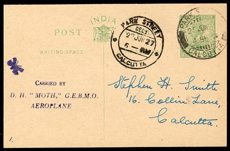 BRITISH COMMONWEALTH INDIA Flight Covers 1927 (27 June) De Havilland Moth flight over Calcutta, demonstration flight by W.H Vetch (in the aeroplane used by Neville Stack to win the Kings Cup...