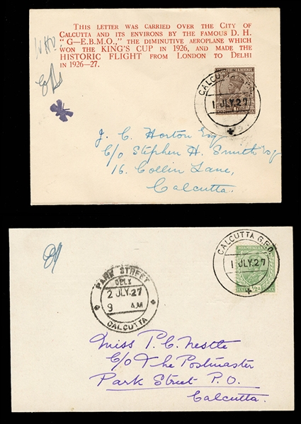 BRITISH COMMONWEALTH INDIA Flight Covers 1927 (1 July) 2nd Demonstration Flight by a "Moth", cover and postal card, each with red descriptive cachet ("this letter was carried over the city of...