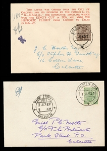 BRITISH COMMONWEALTH INDIA Flight Covers 1927 (1 July) 2nd Demonstration Flight by a "Moth", cover and postal card, each with red descriptive cachet ("this letter was carried over the city of...