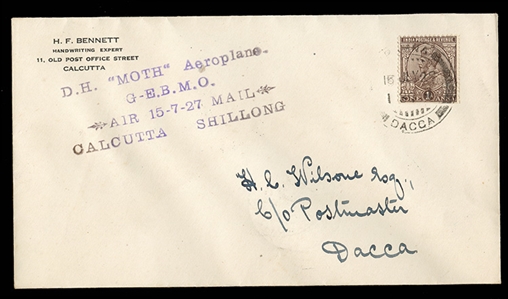 BRITISH COMMONWEALTH INDIA Flight Covers 1927 (15 July) Calcutta to Dacca flight by W.H Vetch, an H.F Bennett envelope with violet cachet "D.H. Moth Aeroplane G.E.B.M.O Air 15-7-27 Mail...