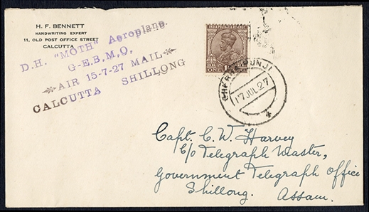 BRITISH COMMONWEALTH INDIA Flight Covers 1927 (15 July) Calcutta to Cherrapunji flight by W.H Vetch, an H.F Bennett envelope with violet cachet "D.H. Moth Aeroplane G.E.B.M.O. Air 15-7-27 Mail...