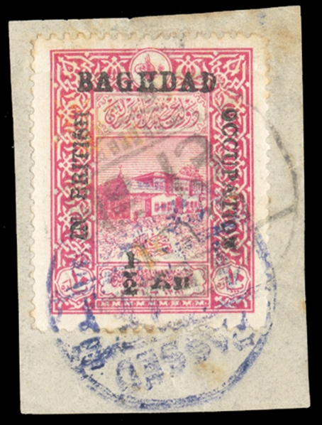 BRITISH COMMONWEALTH IRAQ - Baghdad under British Occupation (N10) 1917 1/2a on 10pa carmine, canceled on piece by FPO 13 and blue "Passed Censor" hs, toned spots, otherwise fine, scarce stamp,...