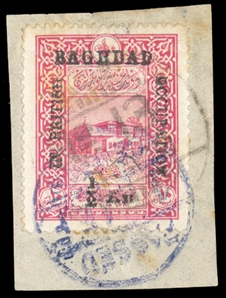 BRITISH COMMONWEALTH IRAQ - Baghdad under British Occupation (N10) 1917 1/2a on 10pa carmine, canceled on piece by FPO 13 and blue "Passed Censor" hs, toned spots, otherwise fine, scarce stamp,...