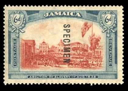 BRITISH COMMONWEALTH JAMAICA (SG 91s) 1921 unissued 6p "Abolition of Slavery 1st Aug 1838", overprinted Specimen, h.r., v.f. (see note in Scott following No.87) £850