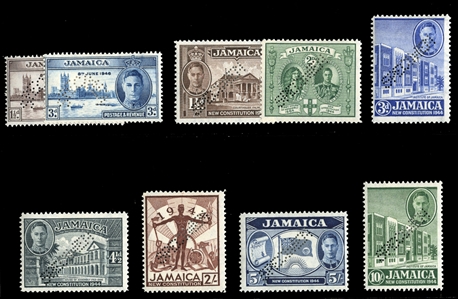 BRITISH COMMONWEALTH JAMAICA (129-137S) 1945-46 New Constitution and Peace, complete sets, perforated Specimen, h.r., fine-v.f. (SG 134-142s) £270