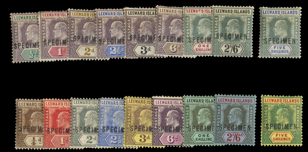 BRITISH COMMONWEALTH LEEWARD ISLANDS (20-28S,30/45S) 1902-11 KEVII, two sets to 5sh (the latter missing 1/2p), overprinted Specimen, h.r., fine-v.f. (SG 20-28s,37-45s) £490