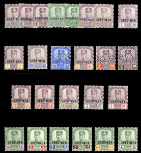 BRITISH COMMONWEALTH Johore (101-22S) 1921-40 1c-$10 complete, overprinted or perforated Specimen, h.r., fine-v.f. (SG 103-125s) £1,000