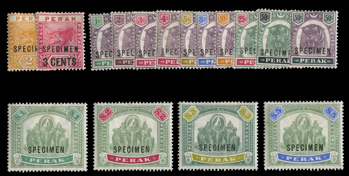 BRITISH COMMONWEALTH Perak (47/60S) 1895-99 1c-$5 complete (except missing 25c and 50c green and black), 12 different, overprinted Specimen, h.r., fine-v.f. (SG 66/79s) £550