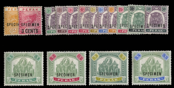 BRITISH COMMONWEALTH Perak (47/60S) 1895-99 1c-$5 complete (except missing 25c and 50c green and black), 12 different, overprinted Specimen, h.r., fine-v.f. (SG 66/79s) £550