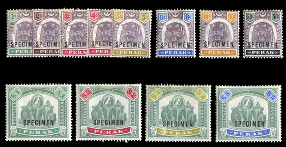 BRITISH COMMONWEALTH Perak (47-60S) 1895-99 1c-$5 complete, overprinted Specimen, h.r., fine-v.f. (SG 66-79s) £550