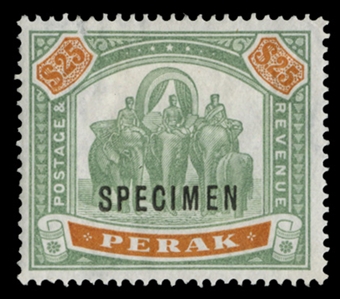 BRITISH COMMONWEALTH Perak (61S) 1895-99 $25 green and orange, overprinted Specimen, h.r., v.f. (SG 80s) £450