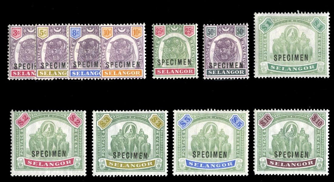 BRITISH COMMONWEALTH Selangor (29-40S) 1895-99 1c-$10 complete, overprinted Specimen, h.r., fine-v.f. (SG 54-65s) £500