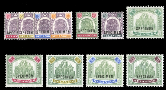 BRITISH COMMONWEALTH Selangor (29-40S) 1895-99 1c-$10 complete, overprinted Specimen, h.r., fine-v.f. (SG 54-65s) £500