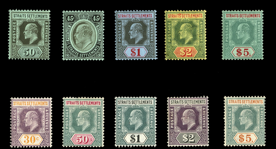 BRITISH COMMONWEALTH Straits Settlements (109/124) 1904-11 KEVII, complete sets to $5 (27 stamps in total), mostly l.h., few light toned spots on gum, mostly fine-v.f. (SG 127-138a,153-167) £1,025