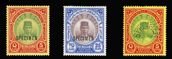 BRITISH COMMONWEALTH Trengganu (20-39S,42-44S) 1921-38 1c-$25, complete set, with additional $1-$5, overprinted or perforated Specimen, h.r., fine-v.f. (SG 23-45s) £1,525
