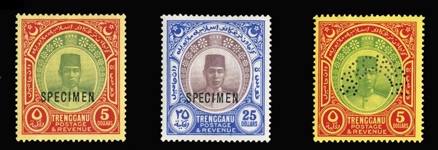 BRITISH COMMONWEALTH Trengganu (20-39S,42-44S) 1921-38 1c-$25, complete set, with additional $1-$5, overprinted or perforated Specimen, h.r., fine-v.f. (SG 23-45s) £1,525