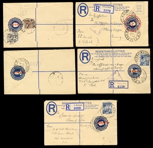 BRITISH COMMONWEALTH Japanese Occupation of Malaysia 1943-44 five Registered stationery letters, 15c Johore, Negri Sembilan, Perak and Straits Settlements (2), each with Japanese overprint,...