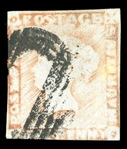 BRITISH COMMONWEALTH MAURITIUS (5e) 1848 1p orange red, Latest Impression, Bluish Paper, used, full to clear margins all around, fine, with 1978 Royal certificate (SG 23) cat. $750