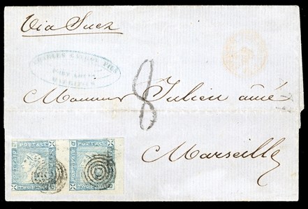 BRITISH COMMONWEALTH MAURITIUS (SG 28) 1859 2p blue, horizontal pair, large margins on three sides, cut in at left, canceled on FL from Port Louis to Marseille, "G.P.O. Mauritius Au 8, 1859"...