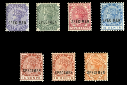BRITISH COMMONWEALTH MAURITIUS (68/75S) 1882-93 1c-50c, set of seven, overprinted Specimen, heavy h.r., fine-v.f. (SG 101/111s) £750