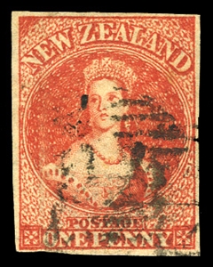 BRITISH COMMONWEALTH NEW ZEALAND (27) 1864 1d carmine vermilion, used, margins all around, good color, fine (SG 97) £400