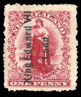 BRITISH COMMONWEALTH NEW ZEALAND (121a) 1908 King Edward VII Land, 1p rose carmine, h.r., fine, signed Diena. This stamp was issued for use aboard the Shackleton Exhibition, cat. $600