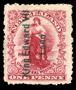 BRITISH COMMONWEALTH NEW ZEALAND (121a) 1908 King Edward VII Land, 1p rose carmine, h.r., fine, signed Diena. This stamp was issued for use aboard the Shackleton Exhibition, cat. $600