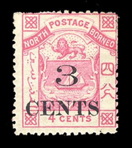 BRITISH COMMONWEALTH NORTH BORNEO (16) 1886 3c on 4c pink, small "3", h.r., nice color, usual rough perforations at upper left, fine and rare, with 2007 BPA certificate (SG 18a) cat. $1,800