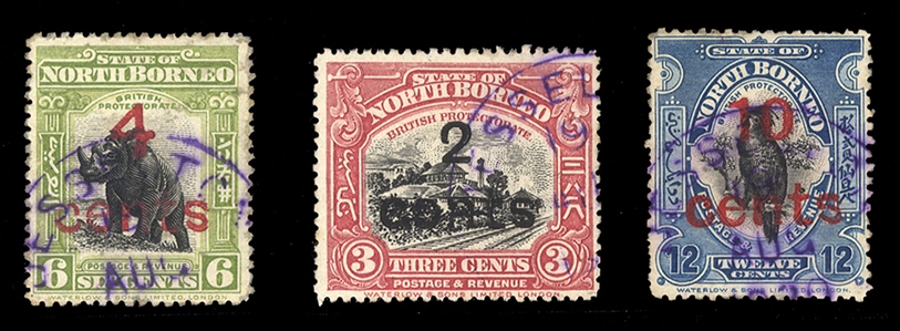 BRITISH COMMONWEALTH NORTH BORNEO (160a,161a,162a) 1916 2c/3c, 4c/6c and 10c/12c, each with inverted "S" variety, used, last two with minor flaws, otherwise fine-v.f., each with 2005 APS cert....