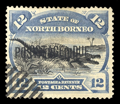 BRITISH COMMONWEALTH NORTH BORNEO Postage Dues (J6a) 1895 12c blue and black, overprint double, canceled to order, v.f., with 2002 BPA certificate, cat. $325