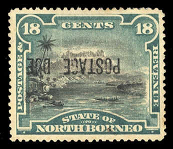 BRITISH COMMONWEALTH NORTH BORNEO Postage Dues (J7c) 1895 18c green and black, horizontal overprint inverted, h.r., faint stain, otherwise v.f., with 1984 BPA certificate, cat. $375