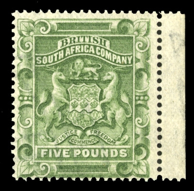 BRITISH COMMONWEALTH RHODESIA (18) 1892 £5 sage green, right sheet margin single, unused without gum, showing full watermark, fresh and fine (SG 12) £1,600