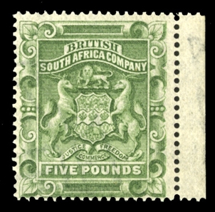 BRITISH COMMONWEALTH RHODESIA (18) 1892 £5 sage green, right sheet margin single, unused without gum, showing full watermark, fresh and fine (SG 12) £1,600