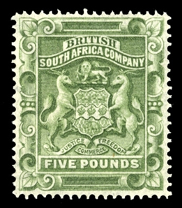 BRITISH COMMONWEALTH RHODESIA (18) 1892 £5 sage green, unused without gum, well centered, fresh and v.f. (SG 12) £1,600