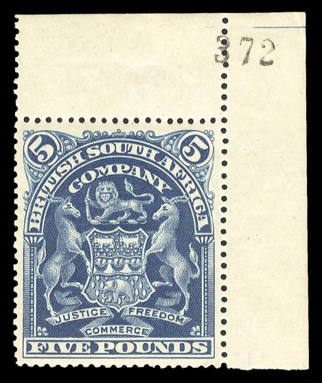 BRITISH COMMONWEALTH RHODESIA (74) 1898 £5 dark blue, corner margin "plate number" single, n.h. (hinged in margin), fresh and v.f., rare in such condition (SG 92; catalogue value for hinged) £ 3,500