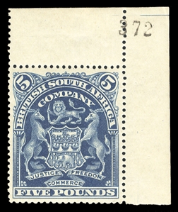 BRITISH COMMONWEALTH RHODESIA (74) 1898 £5 dark blue, corner margin "plate number" single, n.h. (hinged in margin), fresh and v.f., rare in such condition (SG 92; catalogue value for hinged) £ 3,500