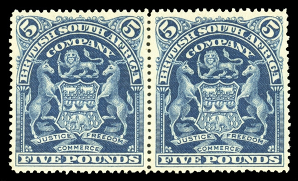 BRITISH COMMONWEALTH RHODESIA (74) 1898 £5 deep blue, horizontal pair, unused without gum, fresh and well centered, v.f., signed Calves (SG 92) £7,000