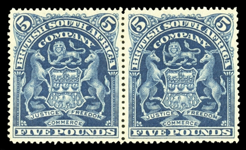BRITISH COMMONWEALTH RHODESIA (74) 1898 £5 deep blue, horizontal pair, unused without gum, fresh and well centered, v.f., signed Calves (SG 92) £7,000