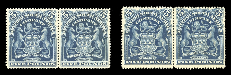 BRITISH COMMONWEALTH RHODESIA (74) 1898 £5 deep blue, two horizontal pairs, probably from the same sheet, unused without gum, fresh and well centered, v.f. (SG 92) £14,000