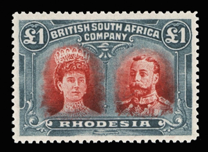 BRITISH COMMONWEALTH RHODESIA (118) 1910 £1 lake brown & pale slate black, perf. 14, l.h., fresh and perfectly centered, v.f. (SG 166) £1,900