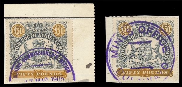 BRITISH COMMONWEALTH RHODESIA Revenue Stamps 1905 £50 Arms, two copies, each with perf. initials and canceled on pieces, v.f.