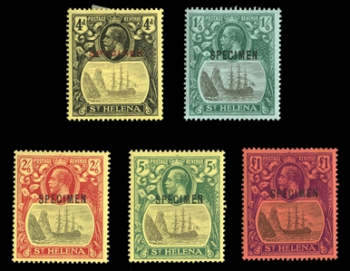 BRITISH COMMONWEALTH ST. HELENA (95-99S) 1922-27 Badge of the Colony, 4p-£1, set of five, overprinted Specimen, h.r., fine-v.f. (SG 92-96s) £650