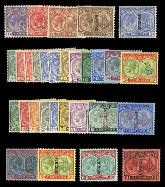 BRITISH COMMONWEALTH ST. KITTS-NEVIS (24-51S) 1920-29 George V, complete sets, overprinted or perforated Specimen, h.r., fine-v.f. (SG 24-47c) £750