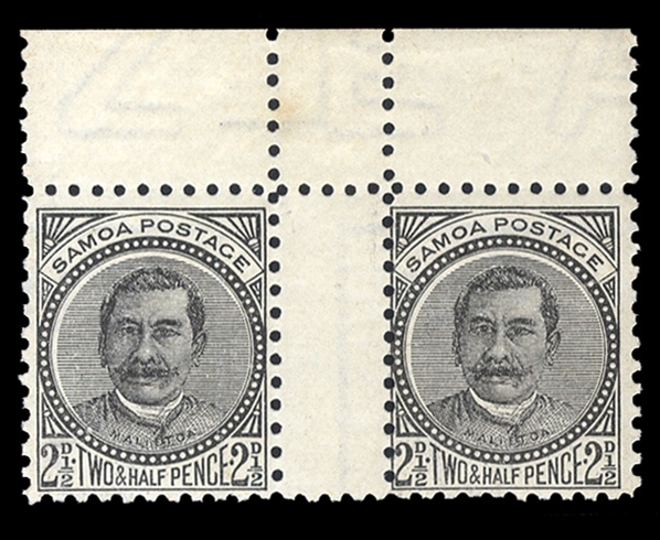 BRITISH COMMONWEALTH SAMOA (15a) 1895 2 1/2p black, perf. 11, top margin horizontal gutter pair, n.h., usual dried gum, fine, with 1985 Holcombe certificate (SG 82)