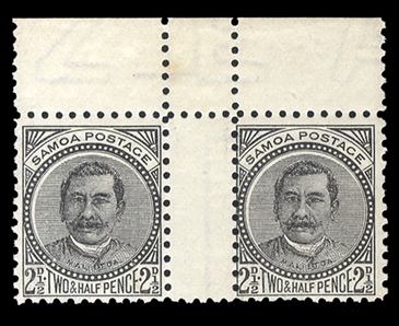 BRITISH COMMONWEALTH SAMOA (15a) 1895 2 1/2p black, perf. 11, top margin horizontal gutter pair, n.h., usual dried gum, fine, with 1985 Holcombe certificate (SG 82)