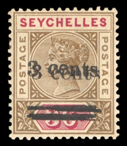 BRITISH COMMONWEALTH SEYCHELLES (SG 39c) 1901 3c on 36c brown & carmine, die II, double surcharge, h.r., fine, with 2001 Brandon certificate